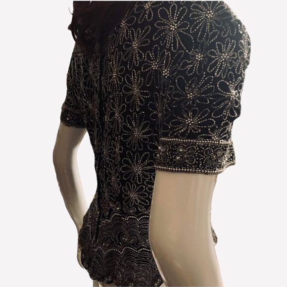 PAPELL Boutique Evening Solid Beaded 100% Silk Top with Scalloped Heim Large - Picture 6 of 8